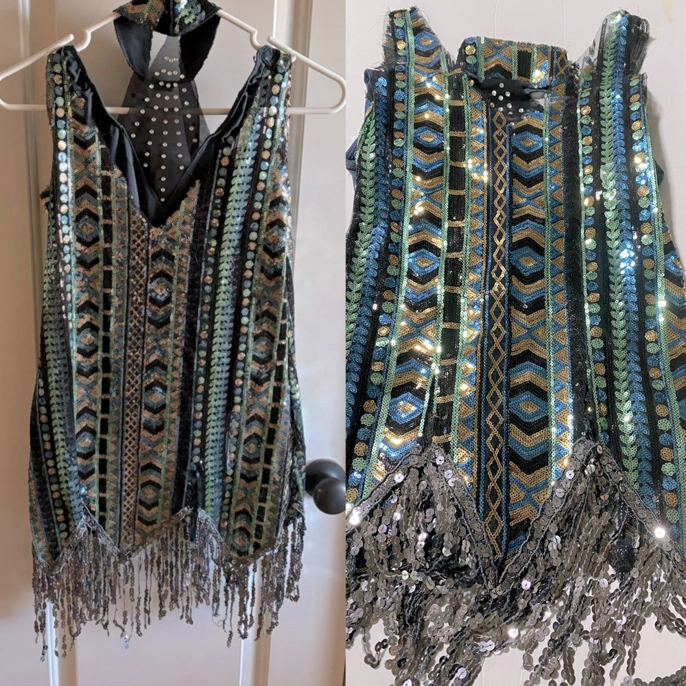Weissman Black, Gold, Blue, Green Sequin Fringe Dance Dress